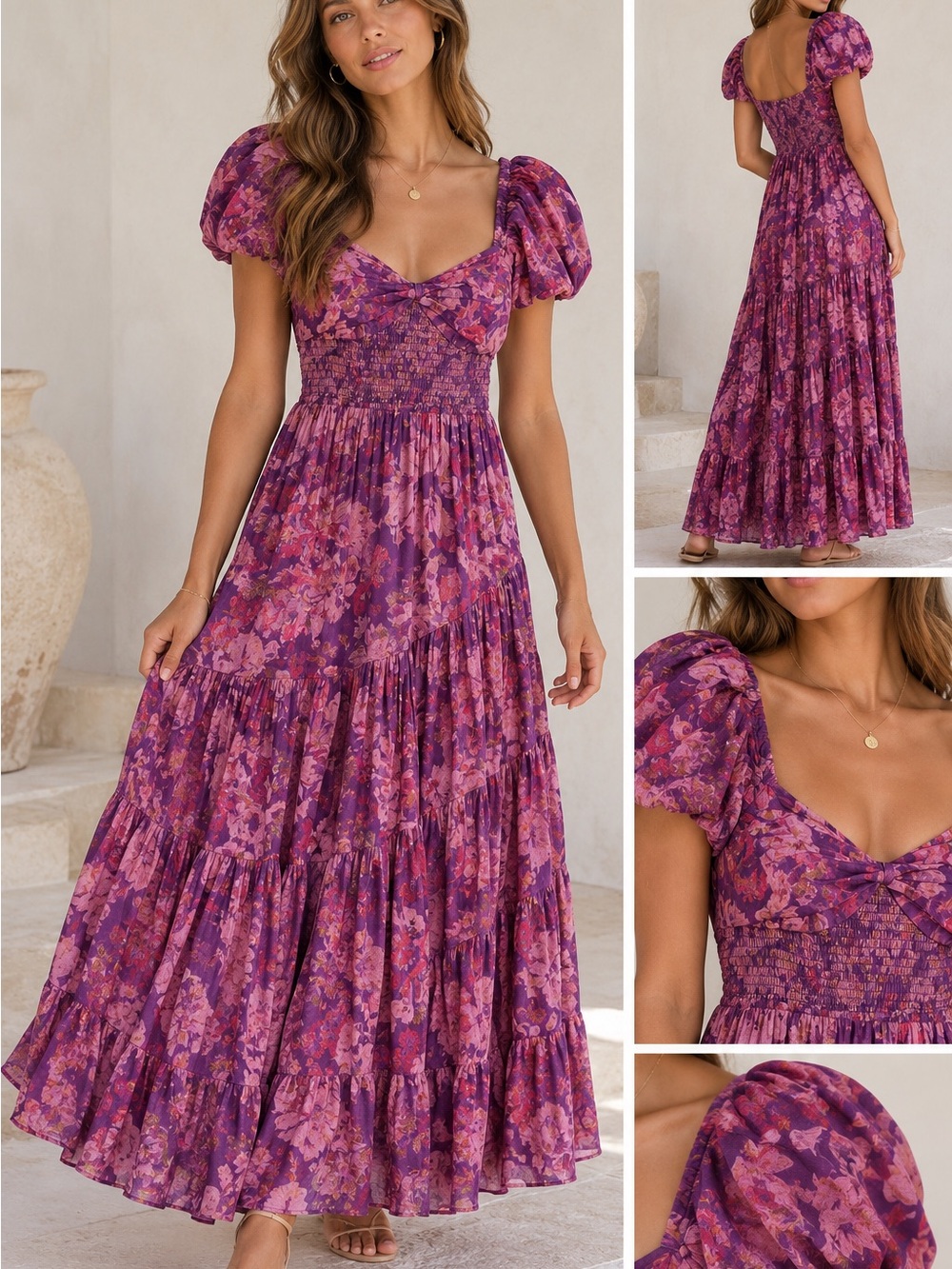 Free People Purple Floral Tiered Maxi Dress with Puff Sleeves
